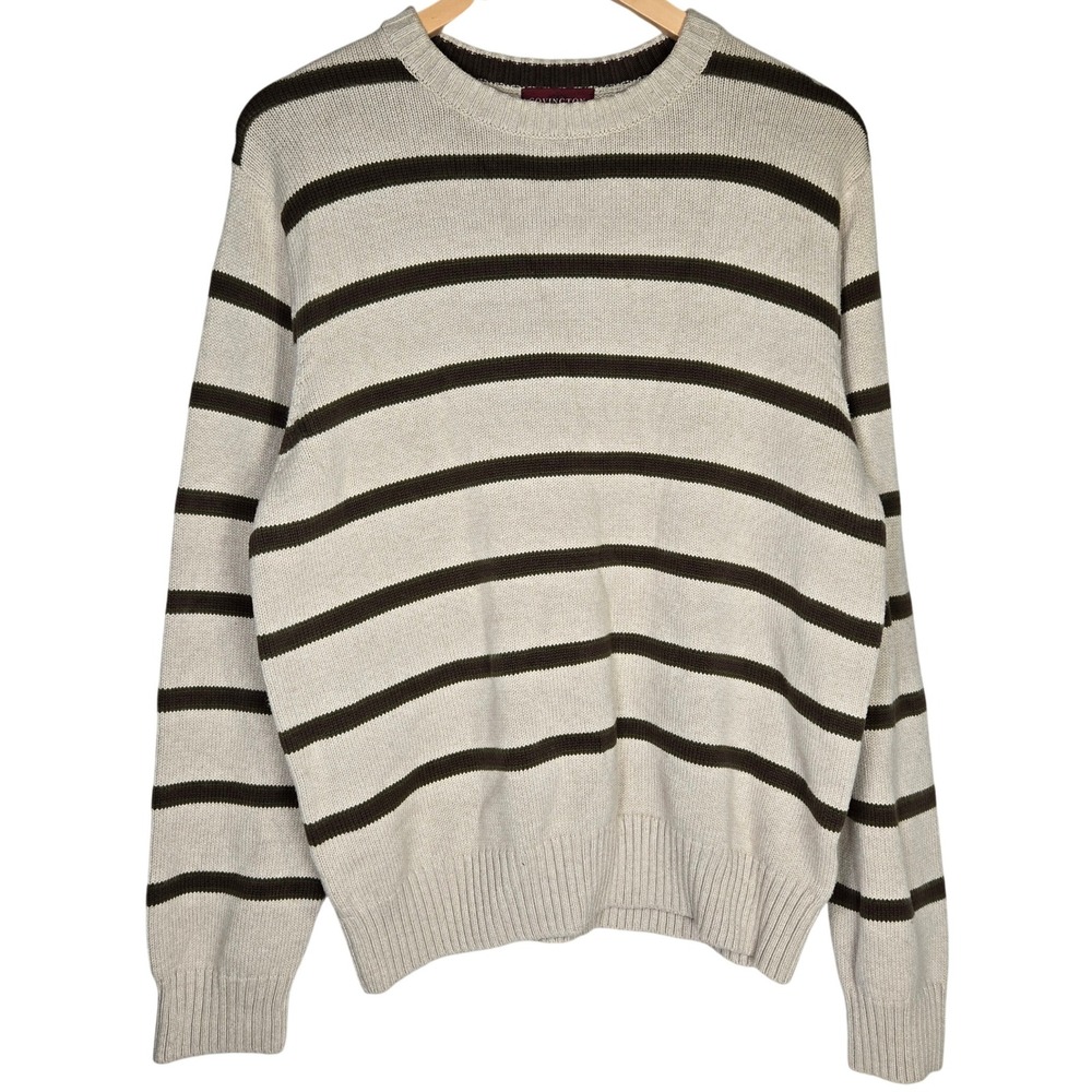 Covington Mens‎ Striped Crewneck Sweater Large Cotton Brown Beige Green Casual